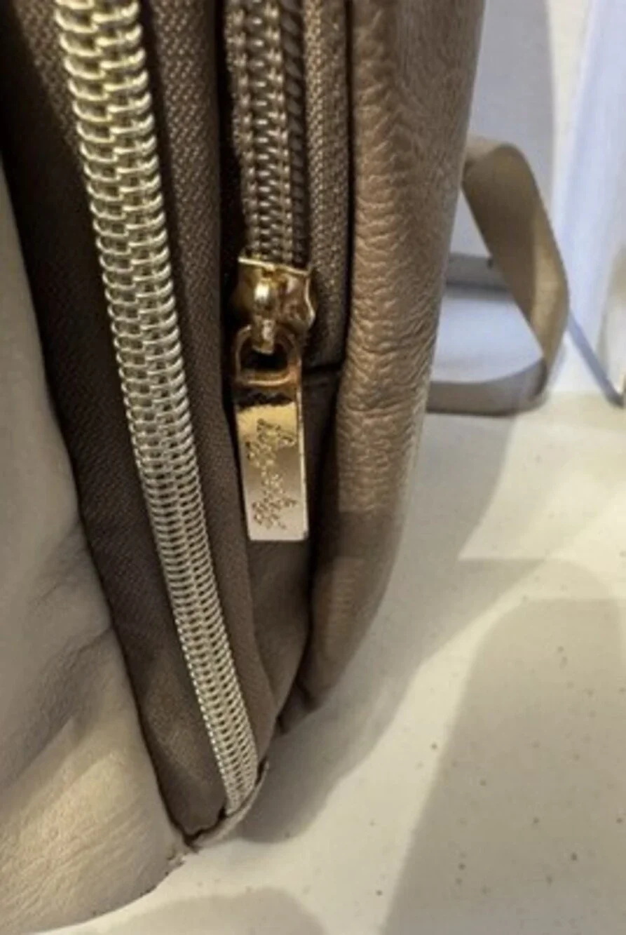 Itzy Ritzy Taupe Cream Faux Leather Chevron Diaper Backpack Bag with Pockets